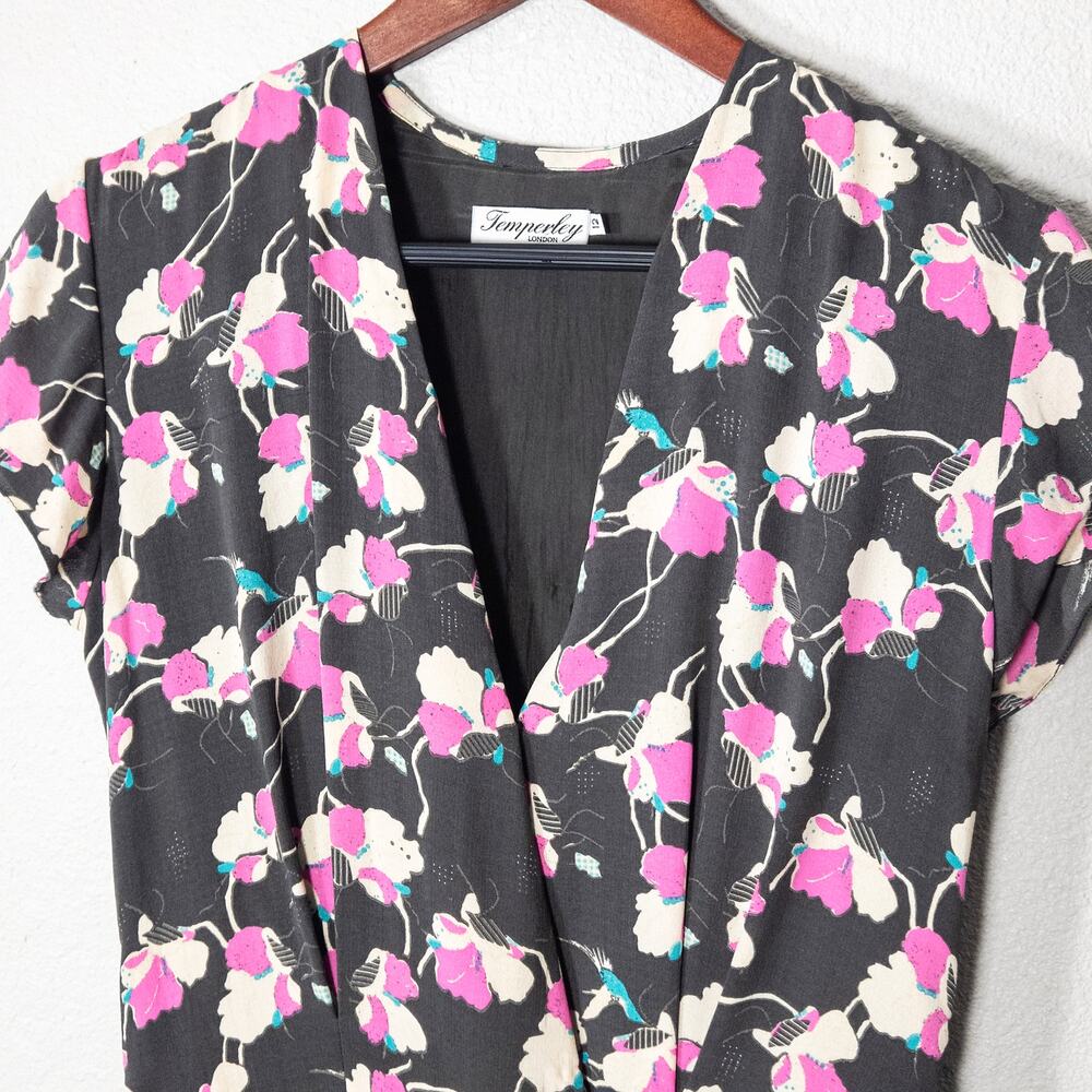 Temperley London Silk Botanical Dress Gray Pink Size 12 Romantic Floral - Picture 3 of 11